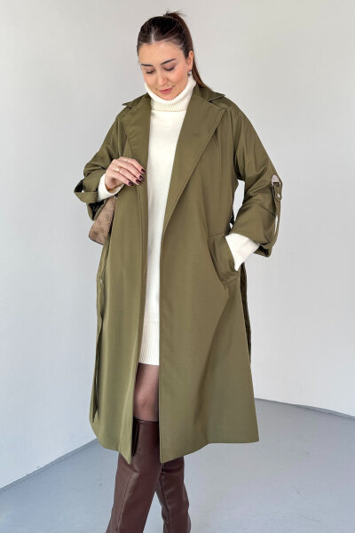 CKT-12461 Haki Tasarım Katlama Kollu Kemerli Oversize Astarlı Trençkot - 3