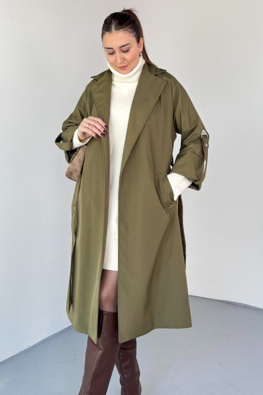 CKT-12461 Haki Tasarım Katlama Kollu Kemerli Oversize Astarlı Trençkot - 3