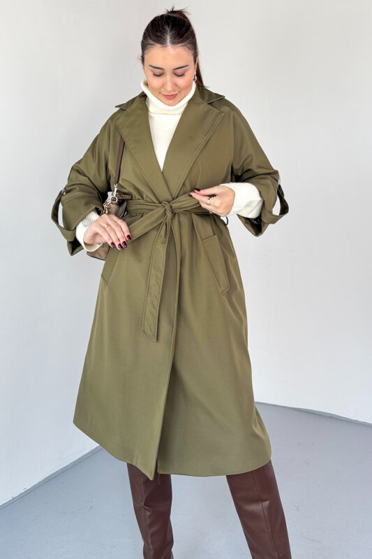 CKT-12461 Haki Tasarım Katlama Kollu Kemerli Oversize Astarlı Trençkot - 5