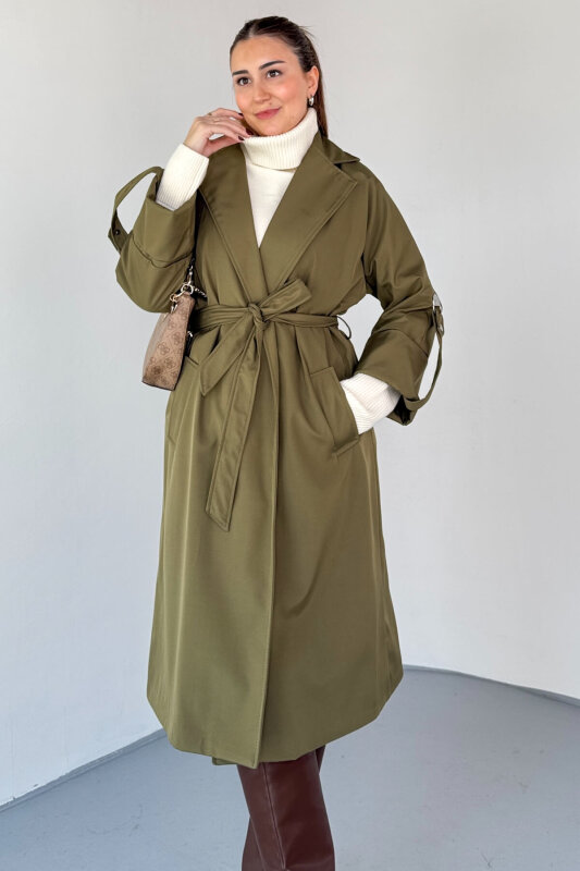 CKT-12461 Haki Tasarım Katlama Kollu Kemerli Oversize Astarlı Trençkot - 1