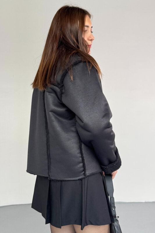 CKT-12463 Siyah Kürklü Fermuarlı Cepli Kısa Nubuk Ceket - 4