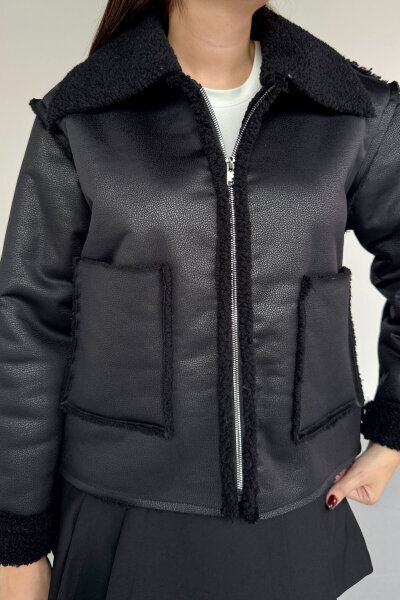 CKT-12463 Siyah Kürklü Fermuarlı Cepli Kısa Nubuk Ceket (1)