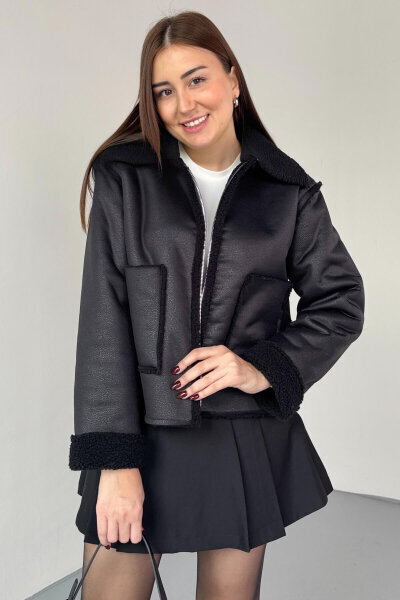 CKT-12463 Siyah Kürklü Fermuarlı Cepli Kısa Nubuk Ceket - 5