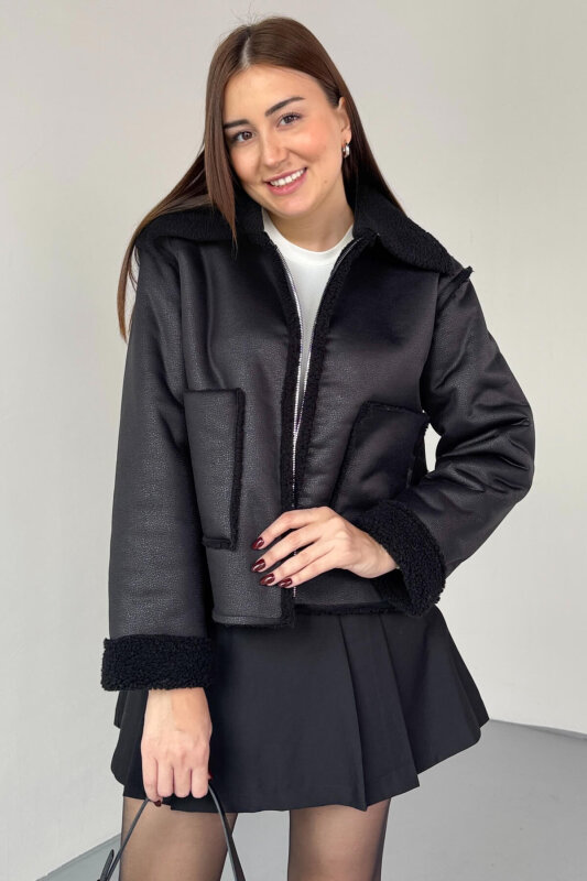 CKT-12463 Siyah Kürklü Fermuarlı Cepli Kısa Nubuk Ceket - 5