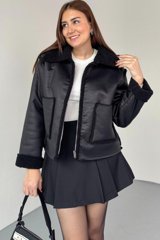 CKT-12463 Siyah Kürklü Fermuarlı Cepli Kısa Nubuk Ceket - 1