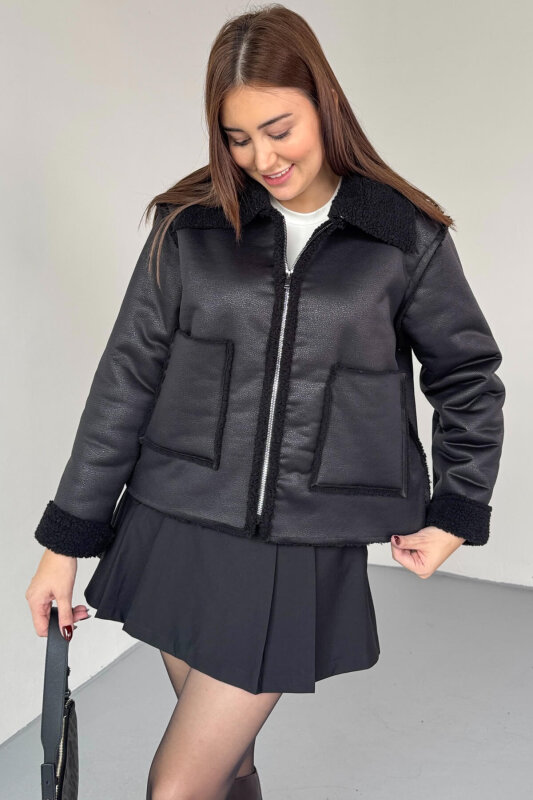 CKT-12463 Siyah Kürklü Fermuarlı Cepli Kısa Nubuk Ceket - 6