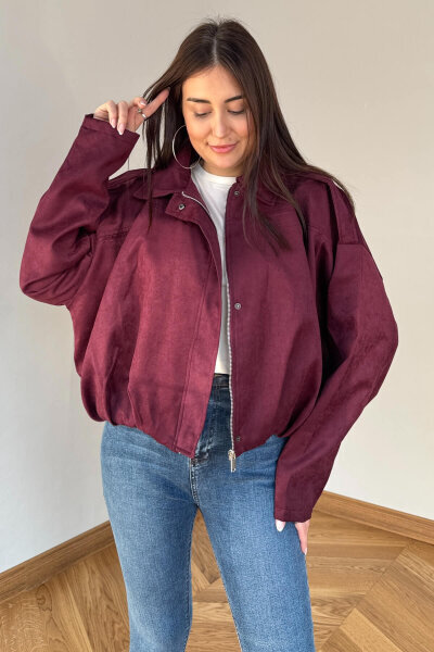 CKT-12464 Bordo Apoletli Astarlı Nubuk Oversize Ceket