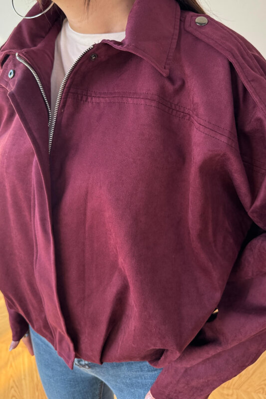 CKT-12464 Bordo Apoletli Astarlı Nubuk Oversize Ceket - 4
