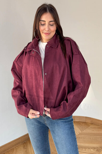 CKT-12464 Bordo Apoletli Astarlı Nubuk Oversize Ceket (1)
