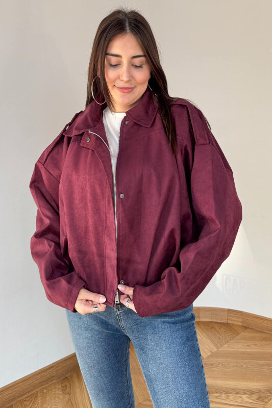 CKT-12464 Bordo Apoletli Astarlı Nubuk Oversize Ceket - 2