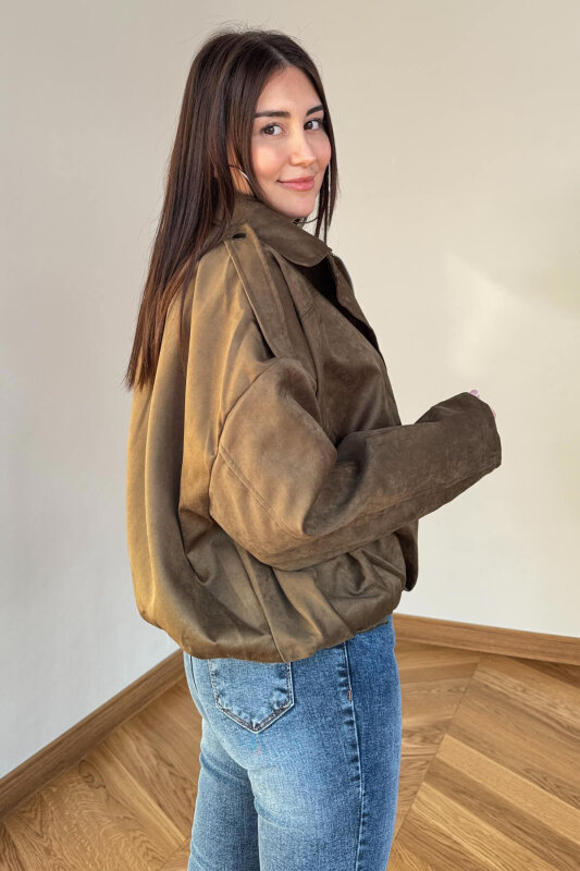 CKT-12464 Haki Apoletli Astarlı Nubuk Oversize Ceket - 4