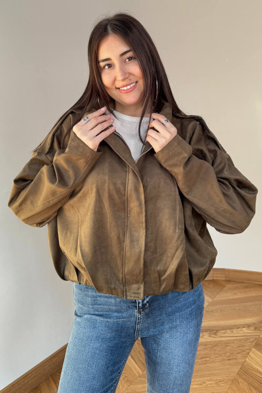 CKT-12464 Haki Apoletli Astarlı Nubuk Oversize Ceket - 5