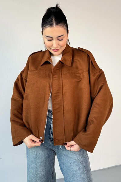 CKT-12464 Taba Apoletli Astarlı Nubuk Oversize Ceket (1)