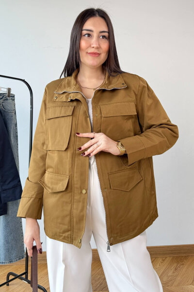 CKT-12465 Kahverengi Vatkalı Dik Yaka Fermuarlı Çıtçıtlı Körük Cepli Astarlı Mont - 3