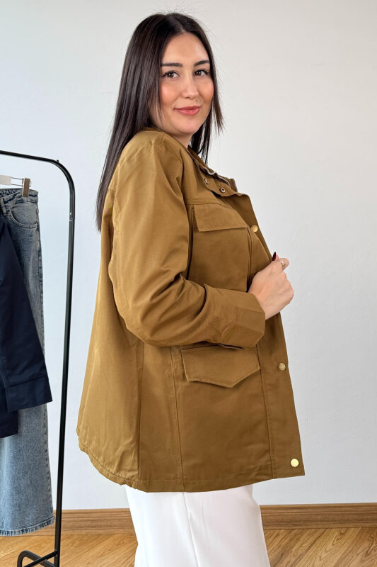 CKT-12465 Kahverengi Vatkalı Dik Yaka Fermuarlı Çıtçıtlı Körük Cepli Astarlı Mont - 5