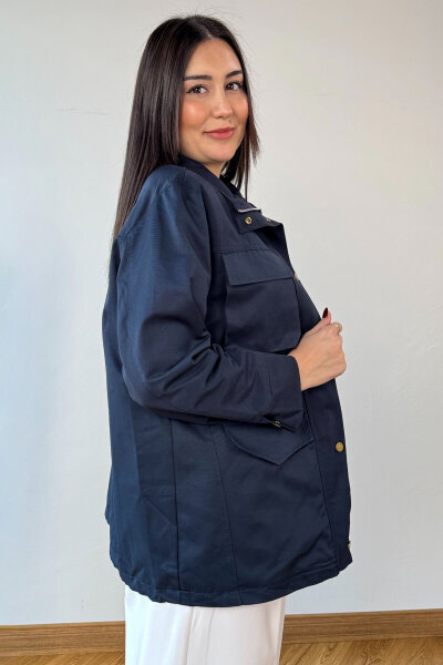 CKT-12465 Lacivert Vatkalı Dik Yaka Fermuarlı Çıtçıtlı Körük Cepli Astarlı Mont - 3