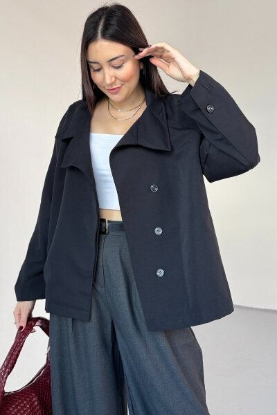 CKT-12466 Siyah Dik Yaka Gizli Düğmeli Cepli Astarlı Kısa Trençkot - Cappmoda (1)