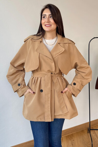 CKT-12468 Vizon Kuşaklı Orta Boy Apoletli Trençkot - 2