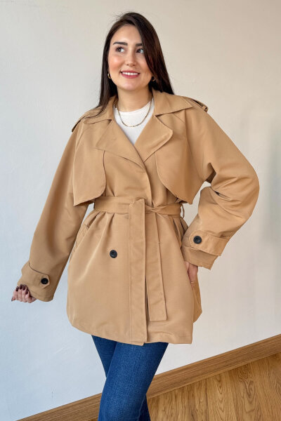 CKT-12468 Vizon Kuşaklı Orta Boy Apoletli Trençkot - 3