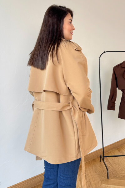 CKT-12468 Vizon Kuşaklı Orta Boy Apoletli Trençkot - 4