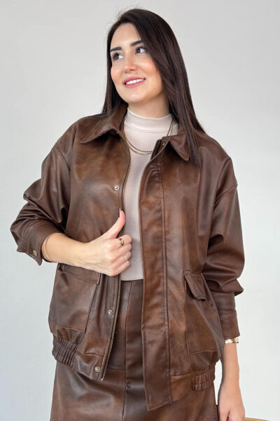 CKT-12472 Kahverengi Astarlı Fermuarlı Bel Lastikli Deri Ceket - Cappmoda (1)