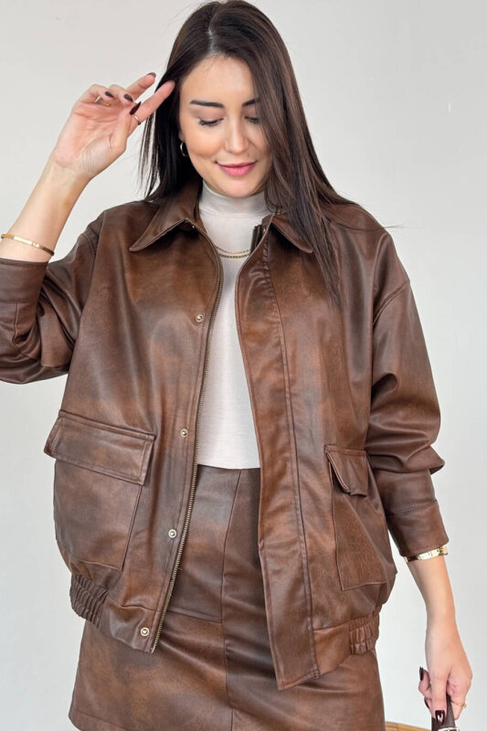 CKT-12472 Kahverengi Astarlı Fermuarlı Bel Lastikli Deri Ceket - 3