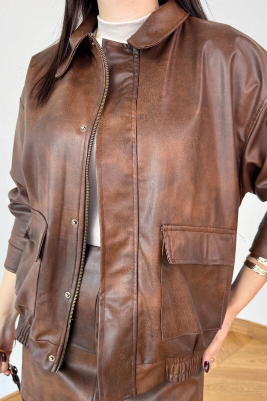 CKT-12472 Kahverengi Astarlı Fermuarlı Bel Lastikli Deri Ceket - 4