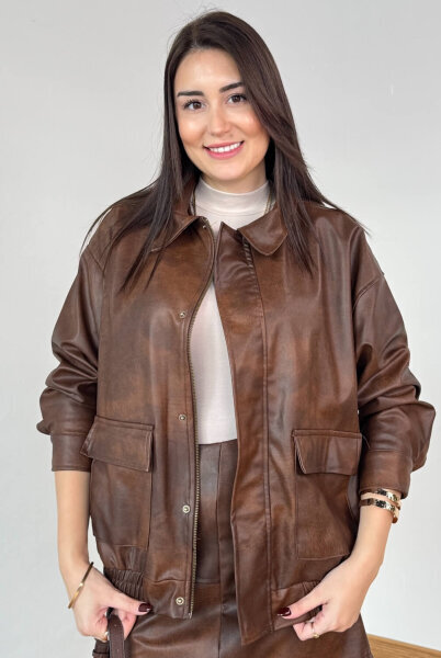 CKT-12472 Kahverengi Astarlı Fermuarlı Bel Lastikli Deri Ceket - Cappmoda