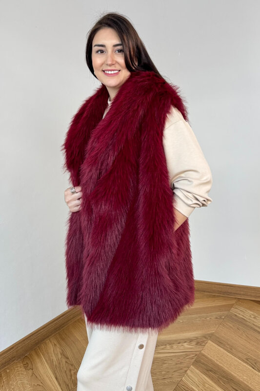 CKT-12473 Bordo Yaka Detaylı Astarlı Soho Winter Kürk Yelek - 4