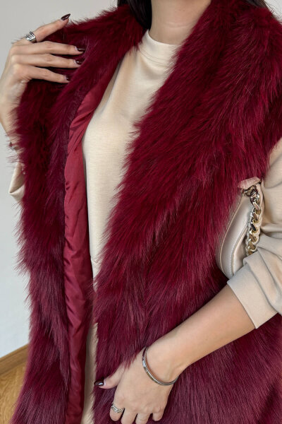CKT-12473 Bordo Yaka Detaylı Astarlı Soho Winter Kürk Yelek (1)