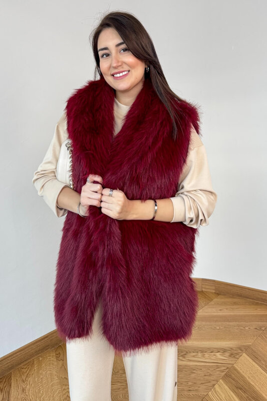 CKT-12473 Bordo Yaka Detaylı Astarlı Soho Winter Kürk Yelek - 3