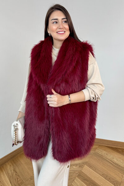 CKT-12473 Bordo Yaka Detaylı Astarlı Soho Winter Kürk Yelek