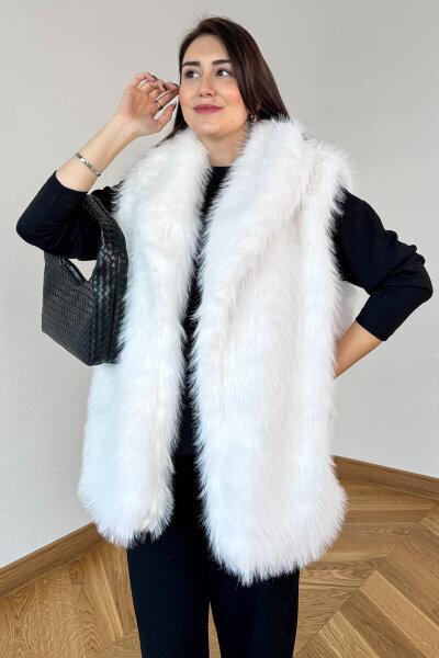 CKT-12473 Ekru Yaka Detaylı Astarlı Soho Winter Kürk Yelek (1)