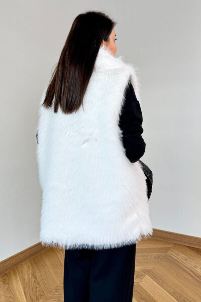 CKT-12473 Ekru Yaka Detaylı Astarlı Soho Winter Kürk Yelek - 3