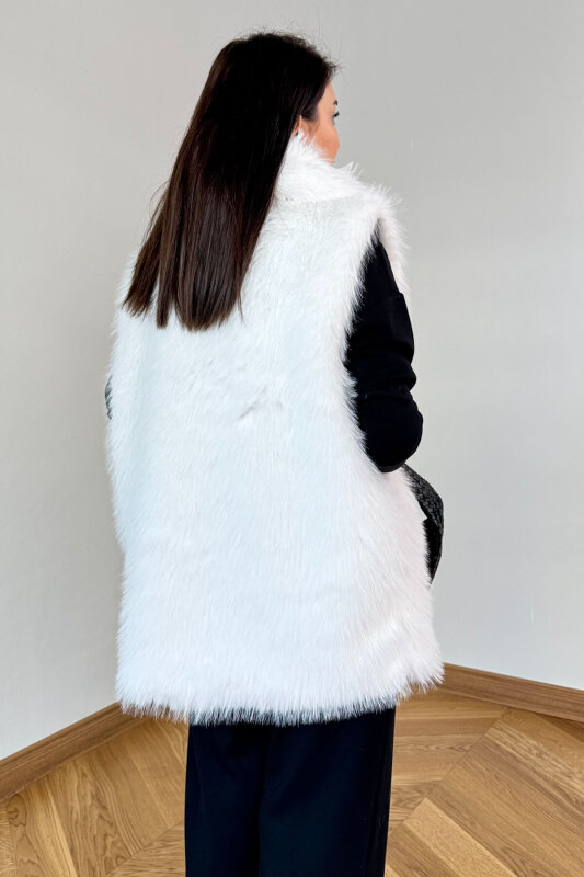 CKT-12473 Ekru Yaka Detaylı Astarlı Soho Winter Kürk Yelek - 3
