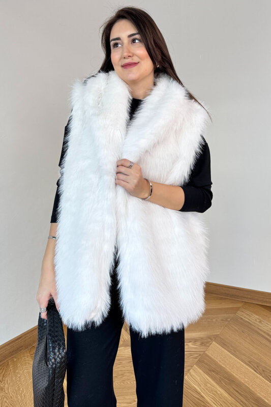 CKT-12473 Ekru Yaka Detaylı Astarlı Soho Winter Kürk Yelek - 4