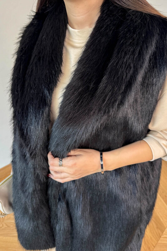 CKT-12473 Siyah Yaka Detaylı Astarlı Soho Winter Kürk Yelek - 2