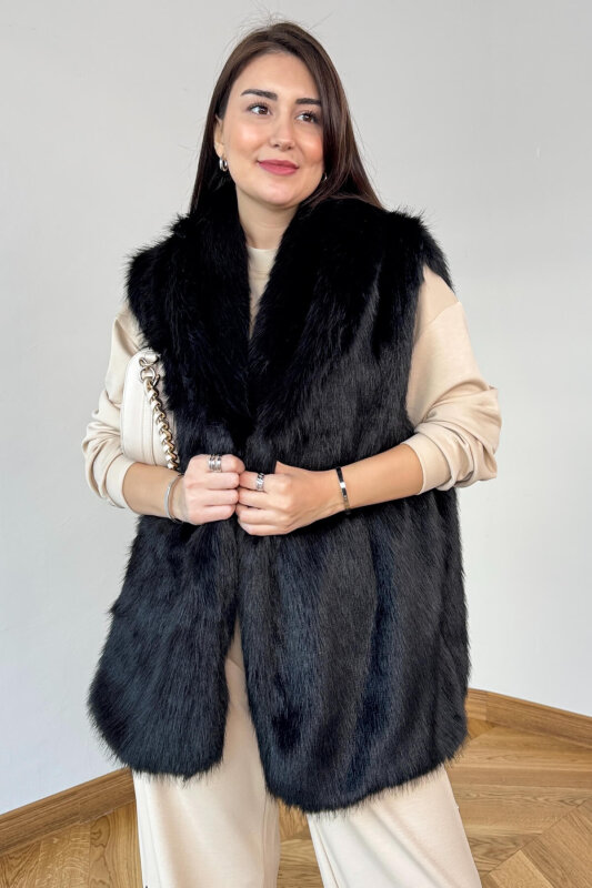 CKT-12473 Siyah Yaka Detaylı Astarlı Soho Winter Kürk Yelek - 1