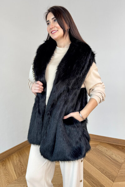 CKT-12473 Siyah Yaka Detaylı Astarlı Soho Winter Kürk Yelek - 3