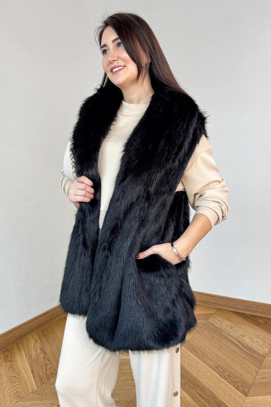 CKT-12473 Siyah Yaka Detaylı Astarlı Soho Winter Kürk Yelek - 3