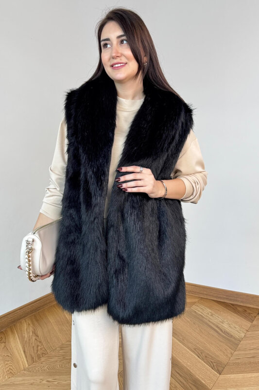 CKT-12473 Siyah Yaka Detaylı Astarlı Soho Winter Kürk Yelek - 4