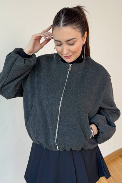 CKT-12474 Füme Fermuarlı Astarlı Kaşe Ceket - 4