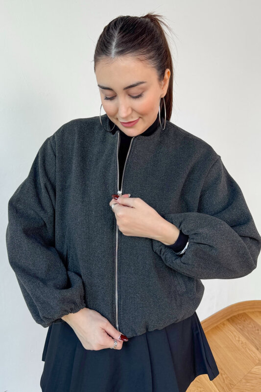 CKT-12474 Füme Fermuarlı Astarlı Kaşe Ceket - 1