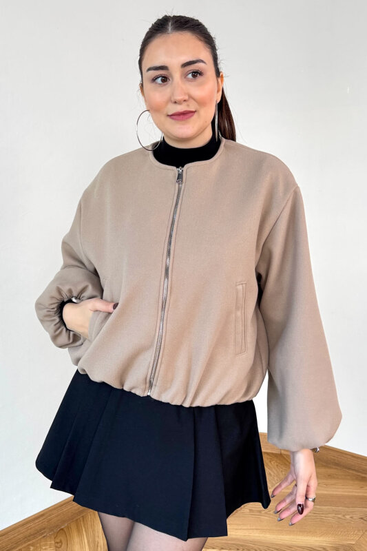 CKT-12474 Krem Fermuarlı Astarlı Kaşe Ceket - 1