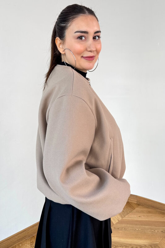 CKT-12474 Krem Fermuarlı Astarlı Kaşe Ceket - 4