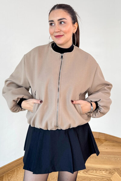 CKT-12474 Krem Fermuarlı Astarlı Kaşe Ceket - 2