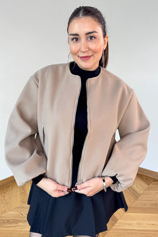 CKT-12474 Krem Fermuarlı Astarlı Kaşe Ceket - 3