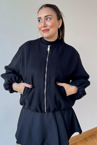 CKT-12474 Siyah Fermuarlı Astarlı Kaşe Ceket - 2