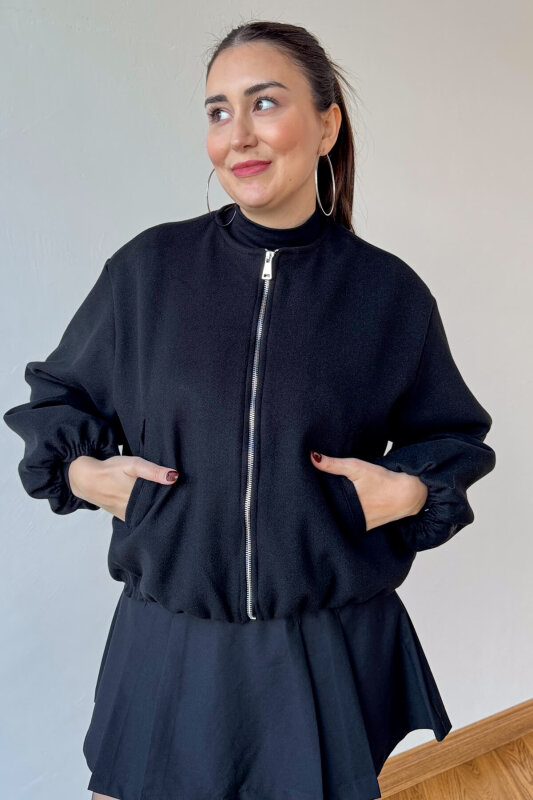 CKT-12474 Siyah Fermuarlı Astarlı Kaşe Ceket - 2