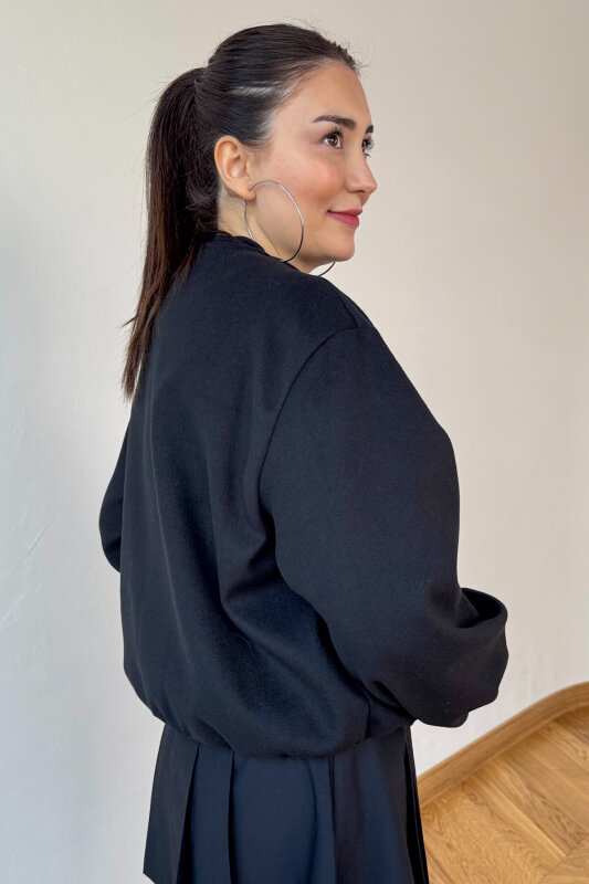 CKT-12474 Siyah Fermuarlı Astarlı Kaşe Ceket - 3